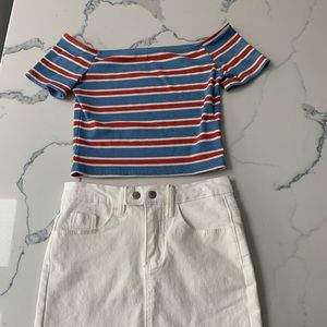 Off the shoulder crop top and white denim skirt
